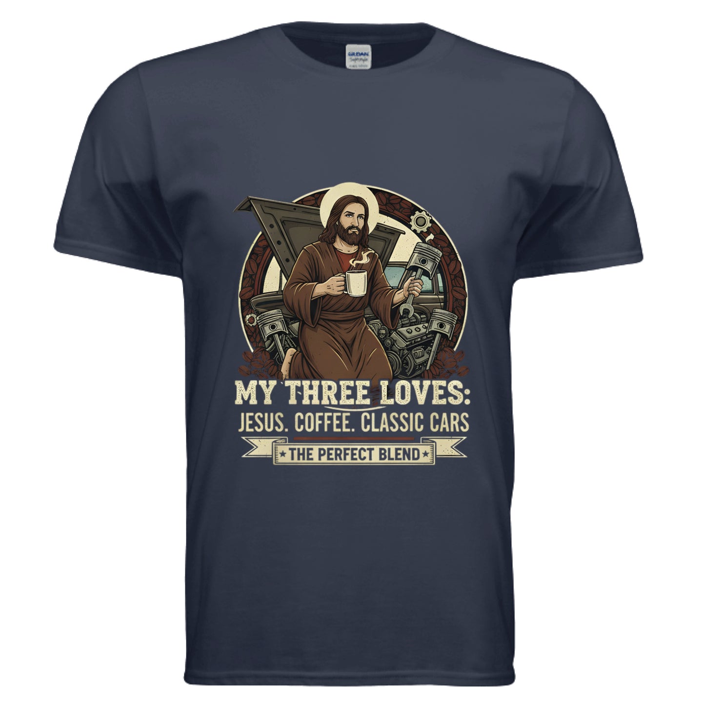 My Three Loves Jesus Coffee Classic Cars Faith T-Shirt NAVY Salvation Clothing and Accessories Apparel