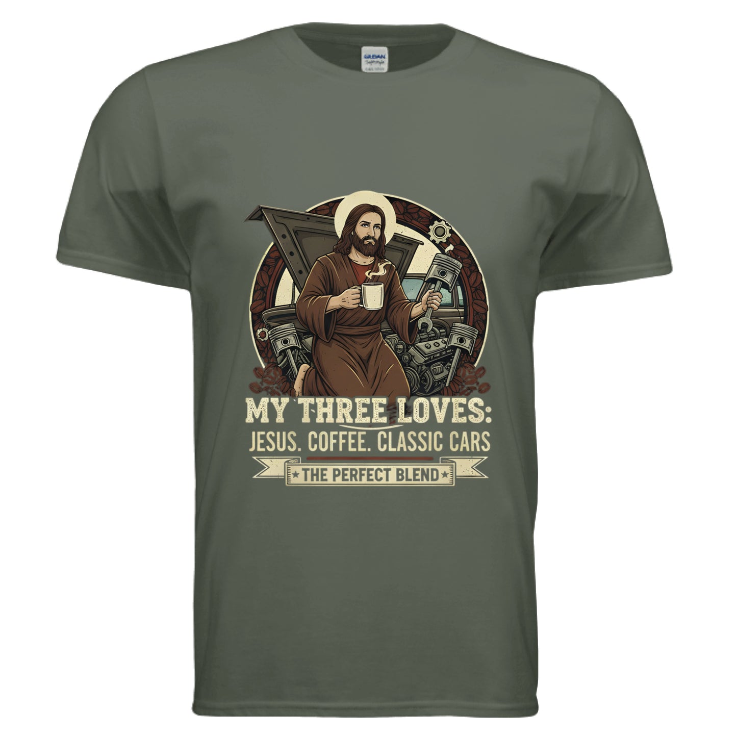 My Three Loves Jesus Coffee Classic Cars Faith T-Shirt MILITARY GREEN Salvation Clothing and Accessories Apparel