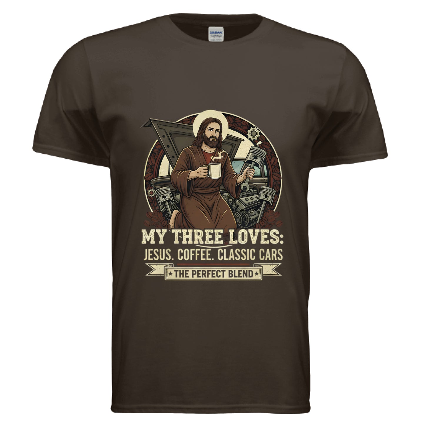 My Three Loves Jesus Coffee Classic Cars Faith T-Shirt DARK CHOCOLATE Salvation Clothing and Accessories Apparel