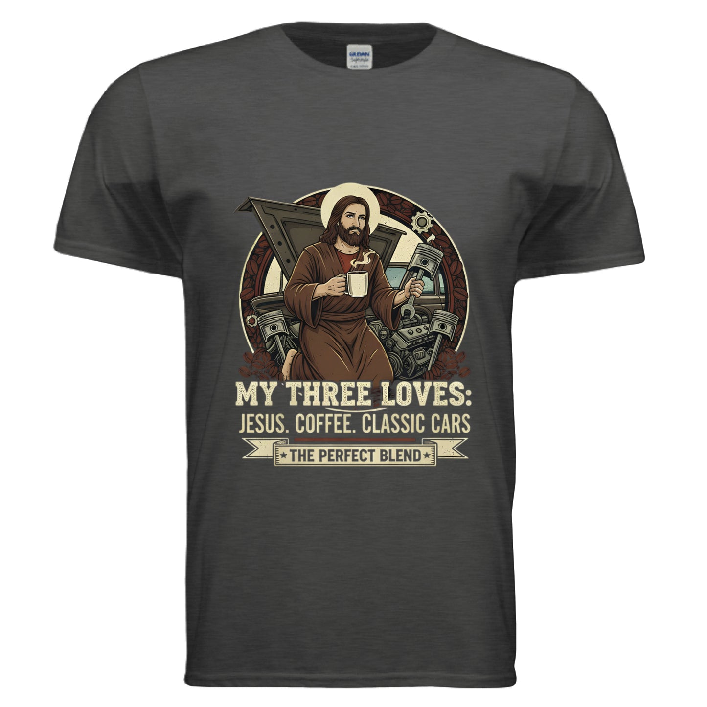 My Three Loves Jesus Coffee Classic Cars Faith T-Shirt Heather Dark Grey Salvation Clothing and Accessories Apparel