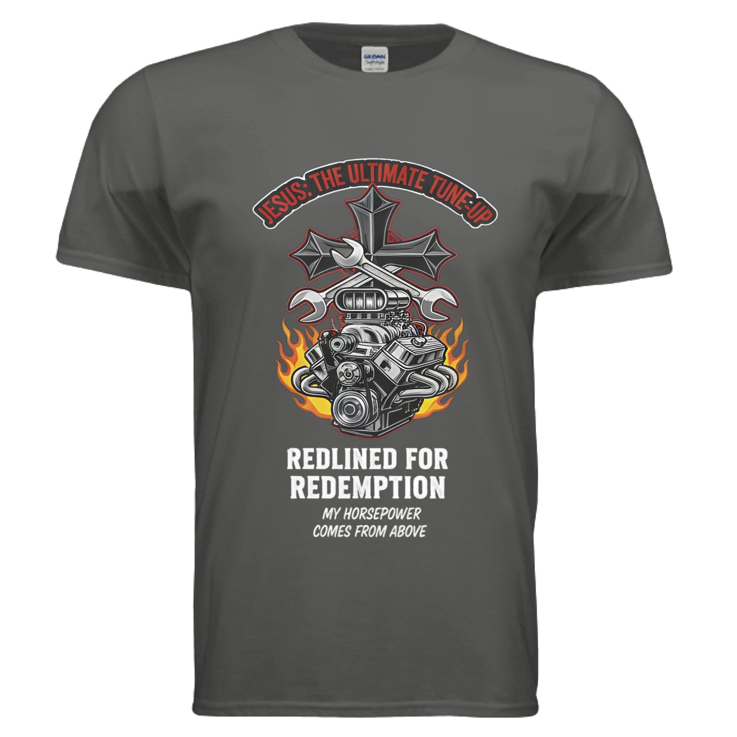Jesus Tune up Redline for Redemption Faith T-Shirt (Car Guy) CHARCOAL Salvation Clothing and Accessories Apparel