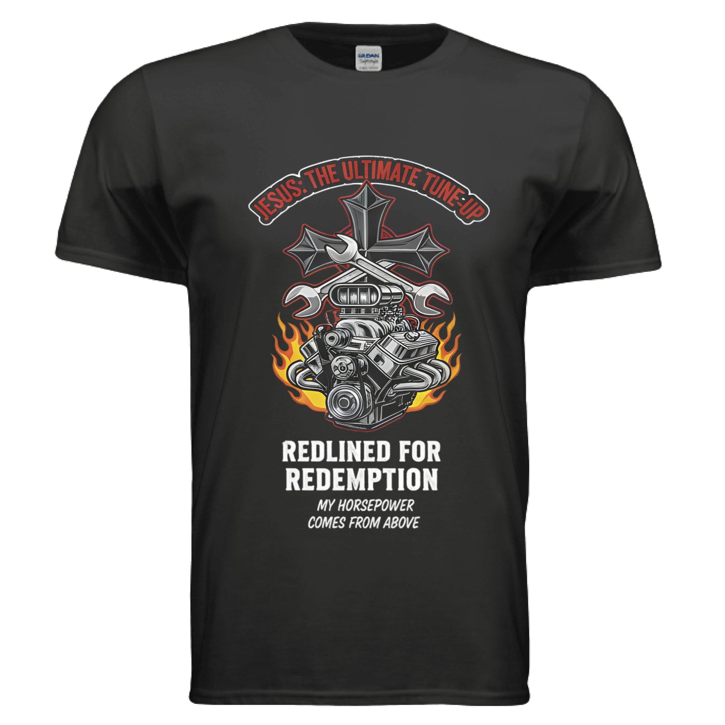 Jesus Tune up Redline for Redemption Faith T-Shirt (Car Guy) BLACK Salvation Clothing and Accessories Apparel
