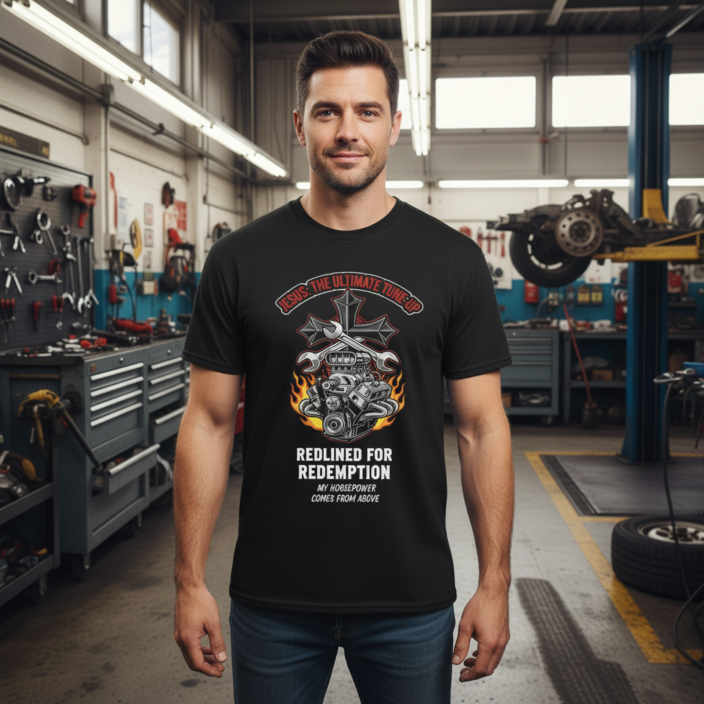 Jesus Tune up Redline for Redemption Faith T-Shirt (Car Guy) Salvation Clothing and Accessories Apparel