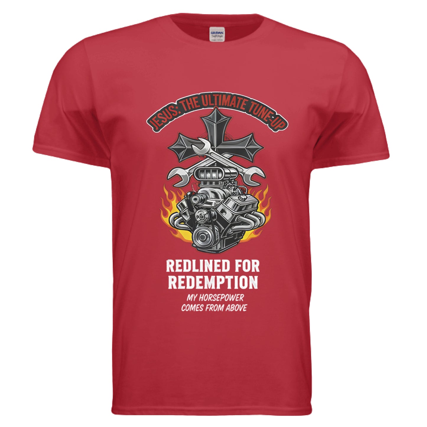 Jesus Tune up Redline for Redemption Faith T-Shirt (Car Guy) RED Salvation Clothing and Accessories Apparel