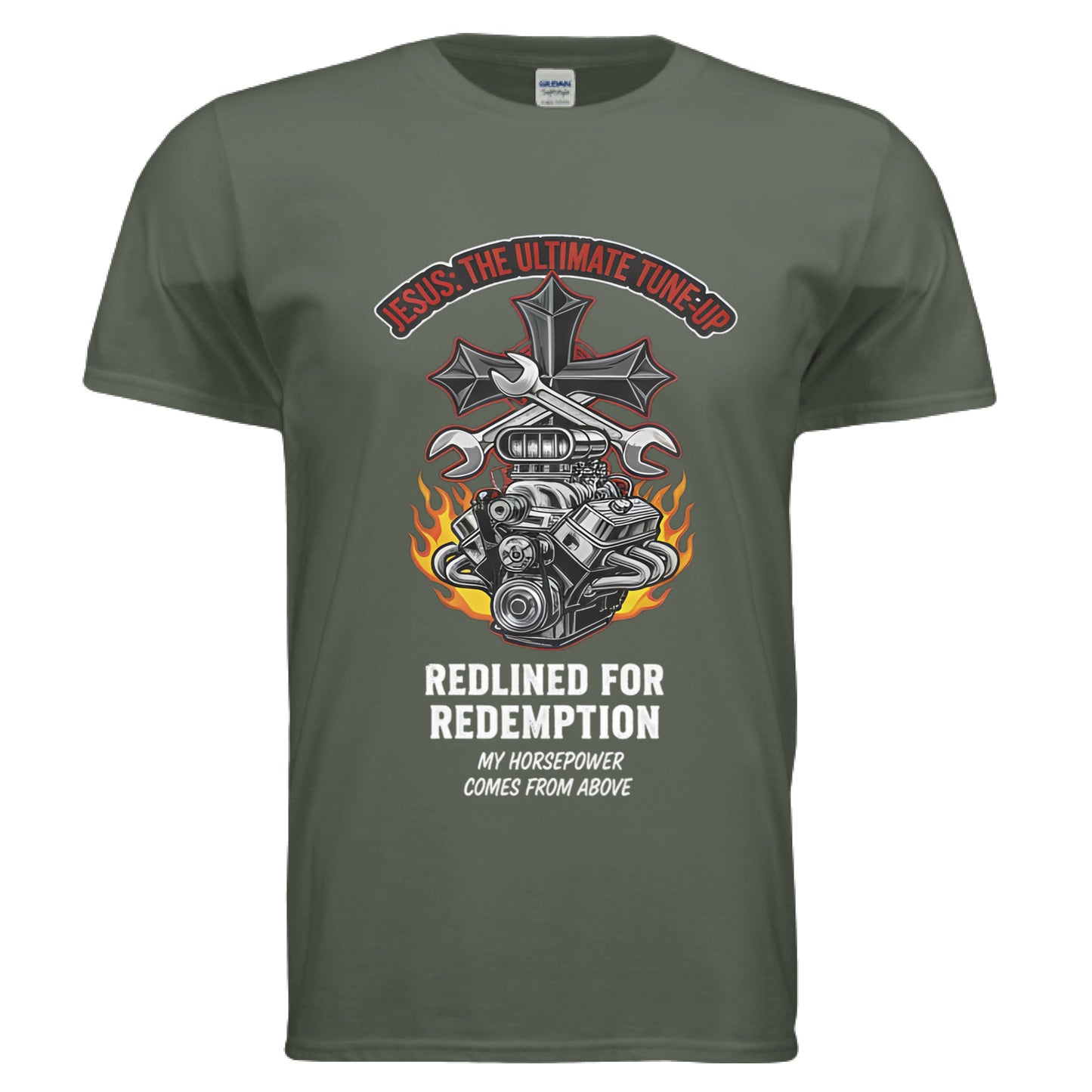 Jesus Tune up Redline for Redemption Faith T-Shirt (Car Guy) MILITARY GREEN Salvation Clothing and Accessories Apparel