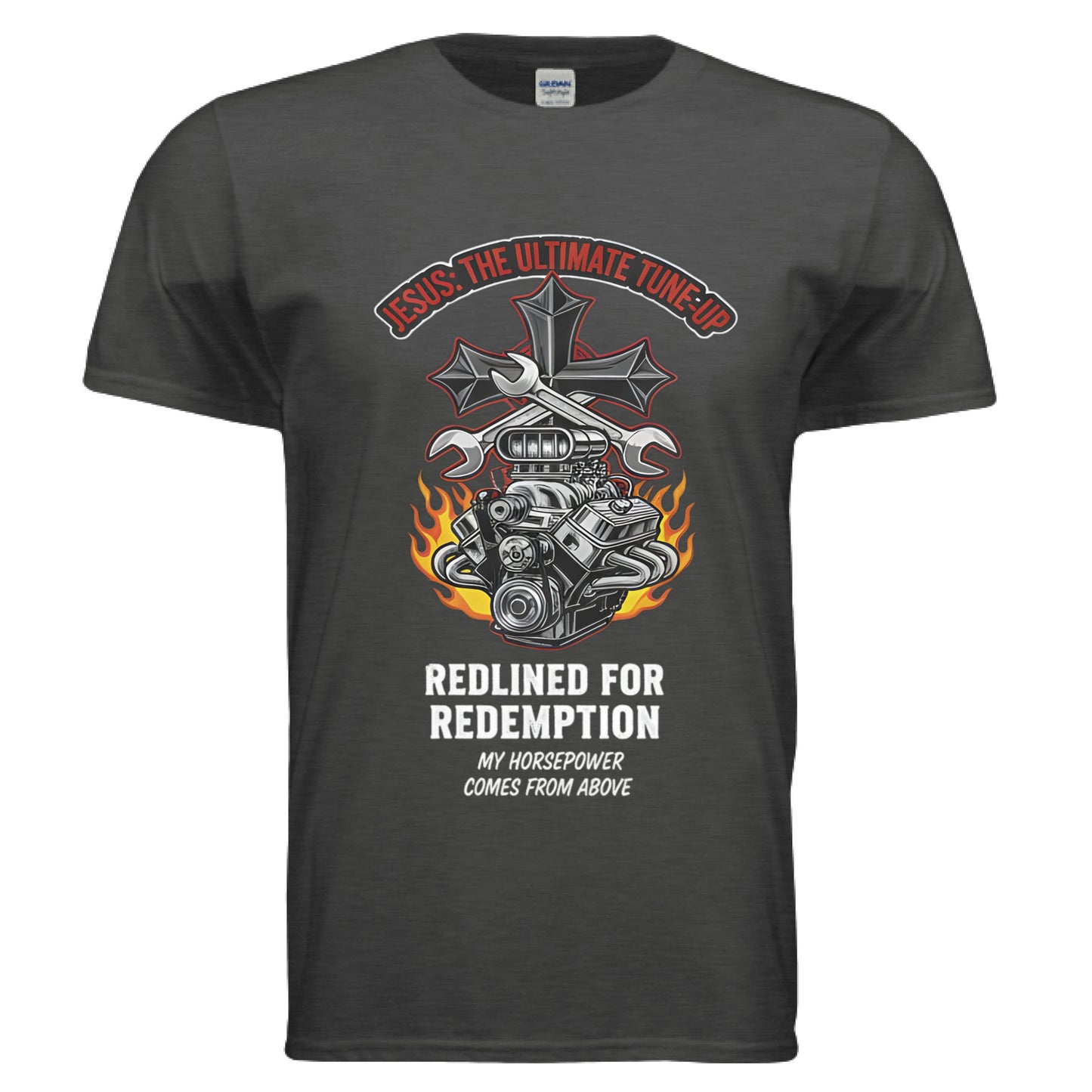 Jesus Tune up Redline for Redemption Faith T-Shirt (Car Guy) Heather Dark Grey Salvation Clothing and Accessories Apparel