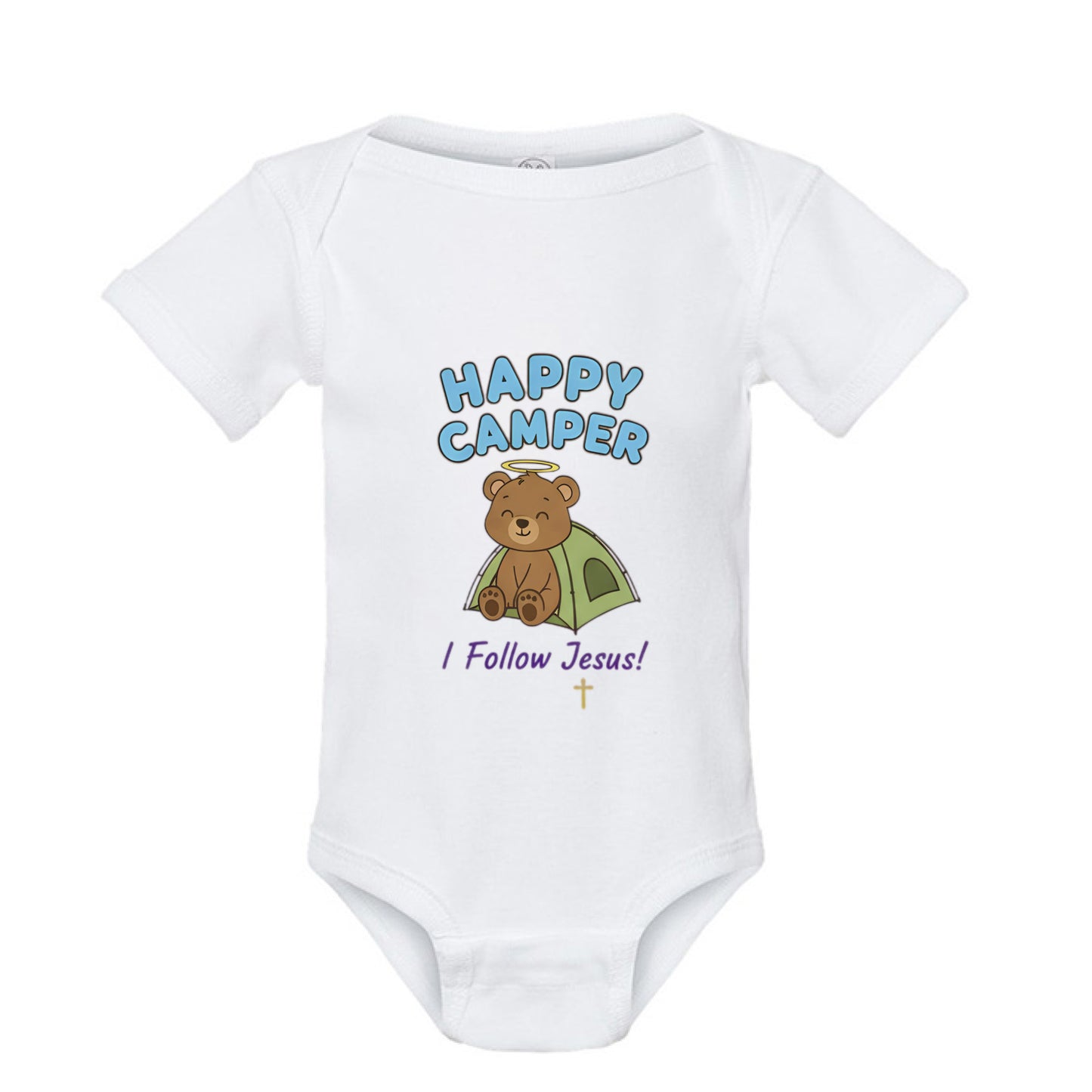 Happy Camper I Follow Jesus Faith Onesie WHITE Salvation Clothing and Accessories Apparel