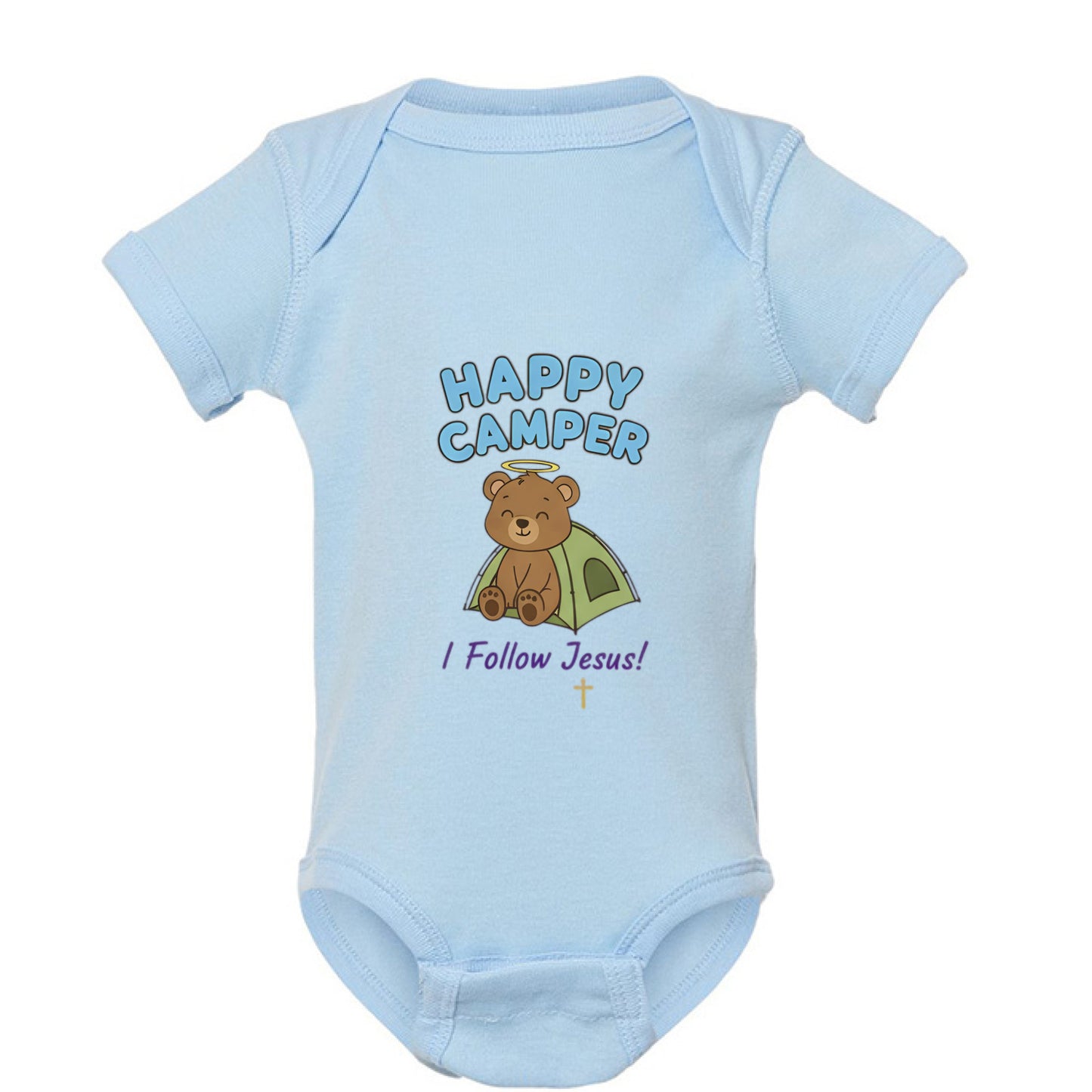 Happy Camper I Follow Jesus Faith Onesie LIGHT BLUE Salvation Clothing and Accessories Apparel