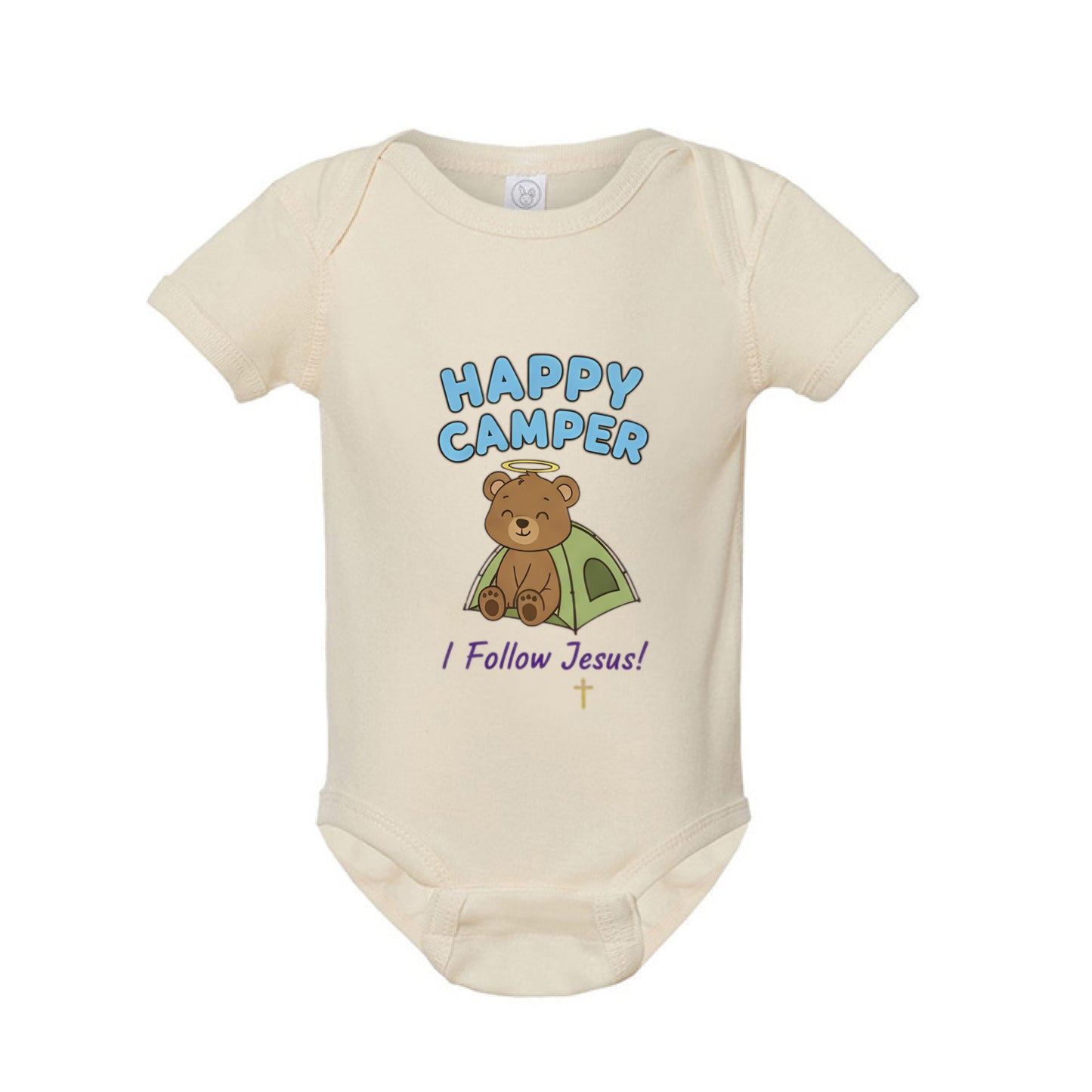 Happy Camper I Follow Jesus Faith Onesie NATURAL Salvation Clothing and Accessories Apparel