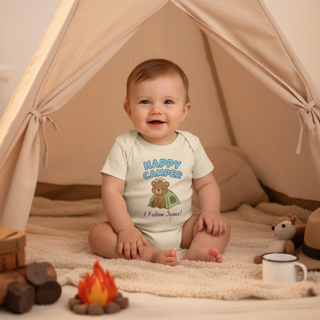 Happy Camper I Follow Jesus Faith Onesie Salvation Clothing and Accessories Apparel