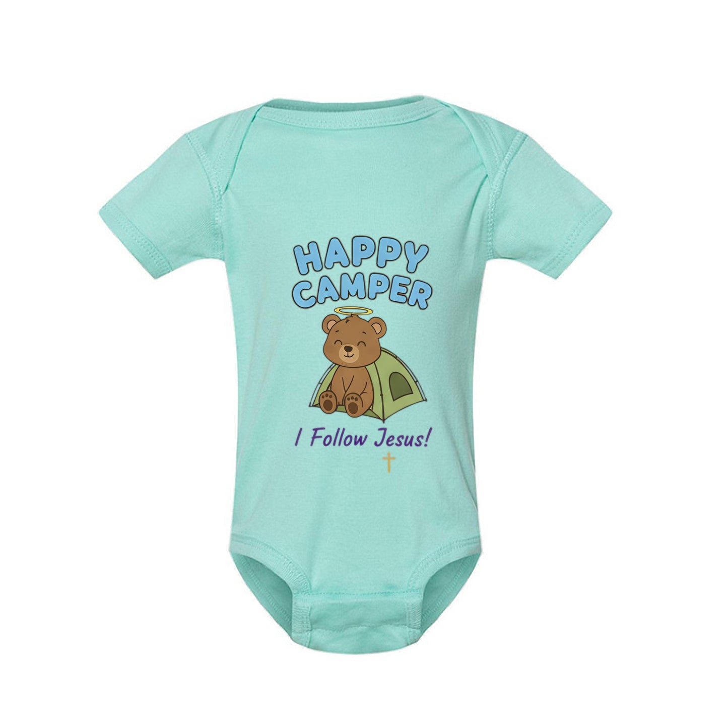 Happy Camper I Follow Jesus Faith Onesie CHILL Salvation Clothing and Accessories Apparel