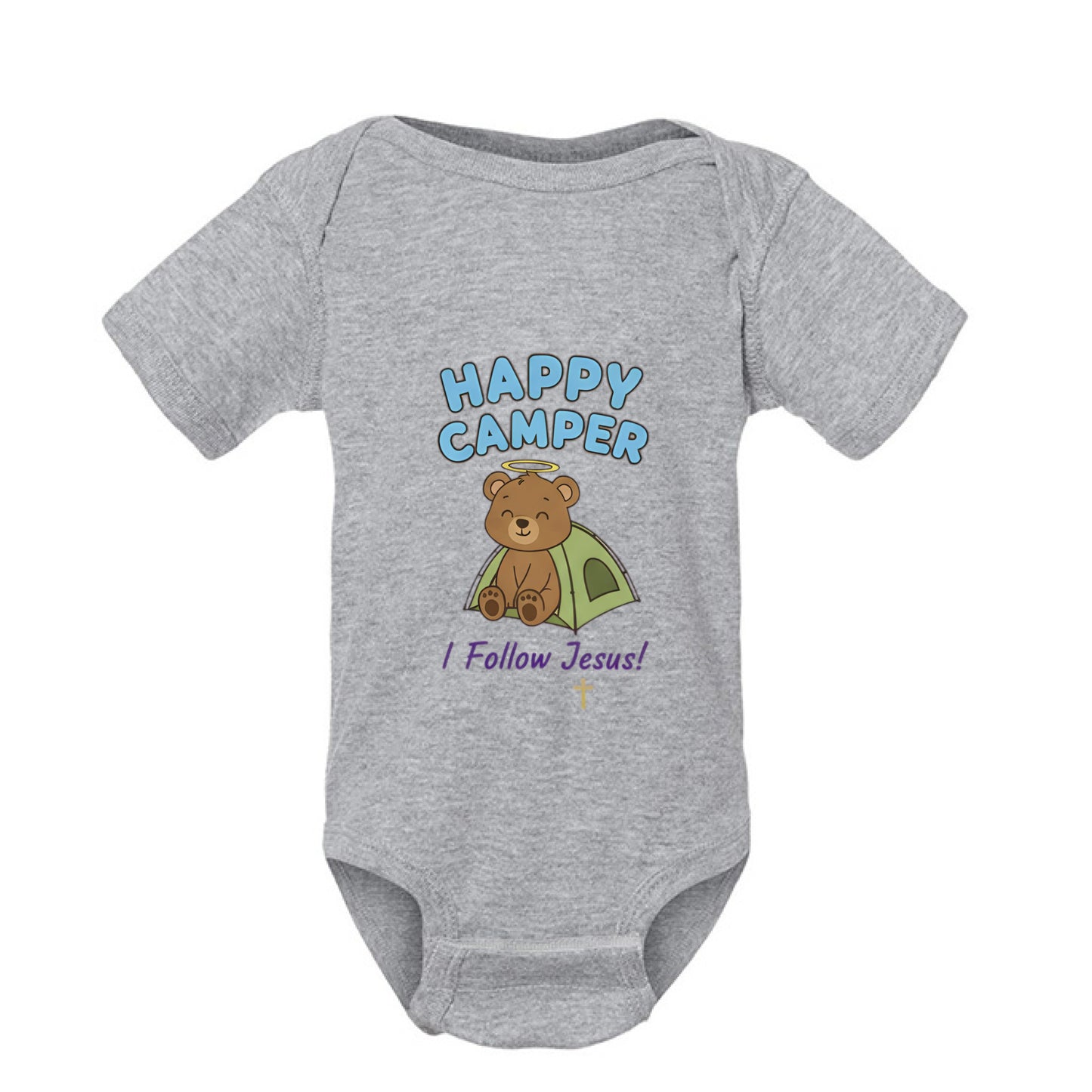 Happy Camper I Follow Jesus Faith Onesie HEATHER Salvation Clothing and Accessories Apparel
