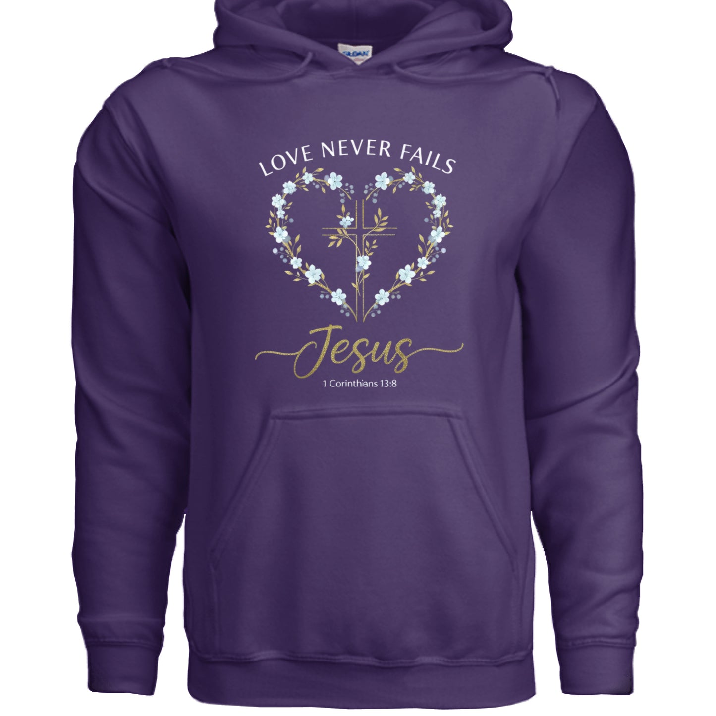 Love Never Fails Jesus 1 Corinthians 13:8 Faith Hoodie PURPLE Salvation Clothing and Accessories Apparel