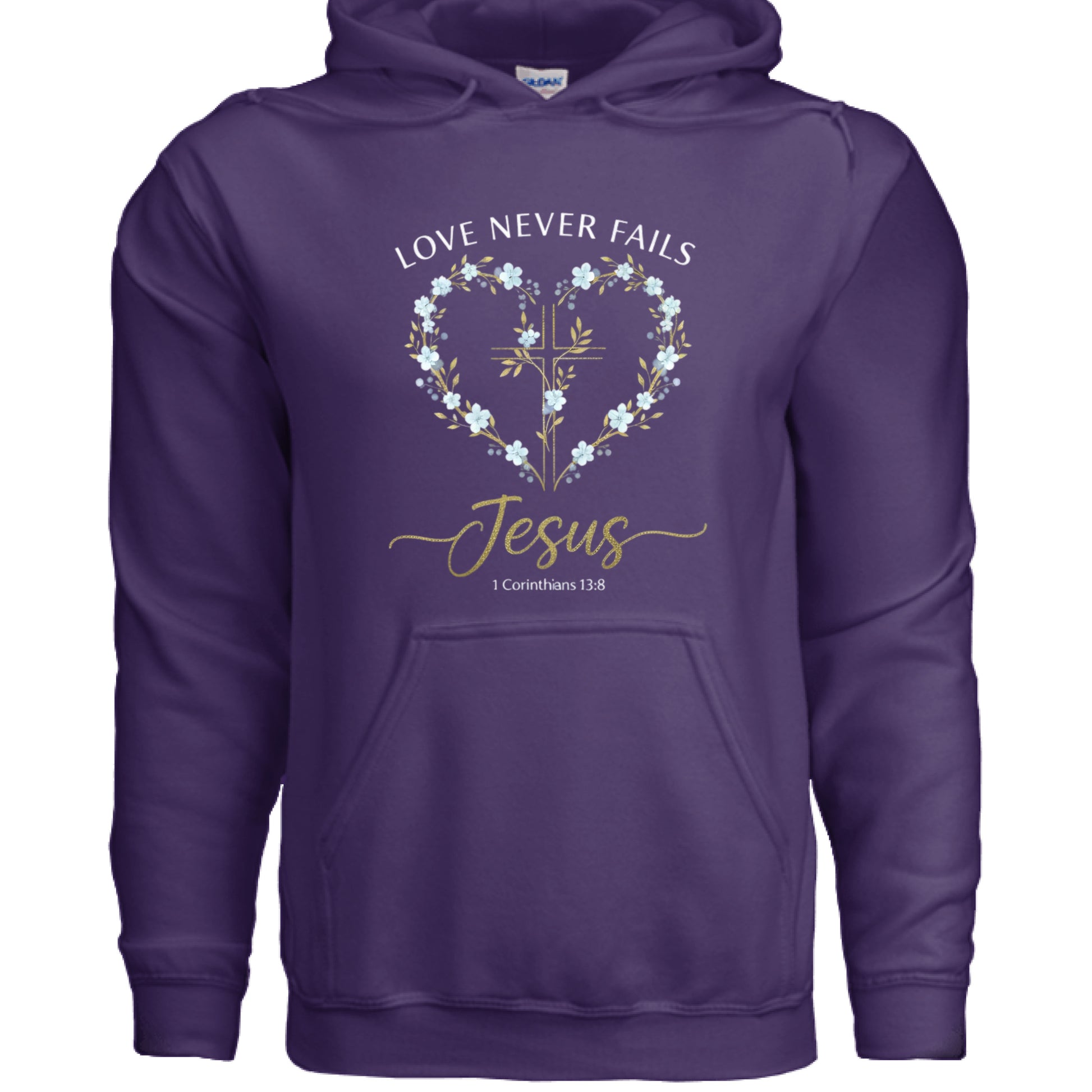 Love Never Fails Jesus 1 Corinthians 13:8 Faith Hoodie PURPLE Salvation Clothing and Accessories Apparel