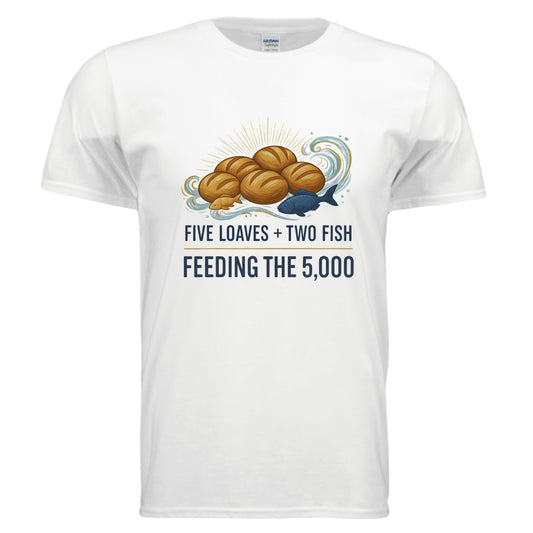 Five Loaves Two Fish Feeding the 5000 Christian T-Shirt WHITE Salvation Clothing and Accessories Apparel
