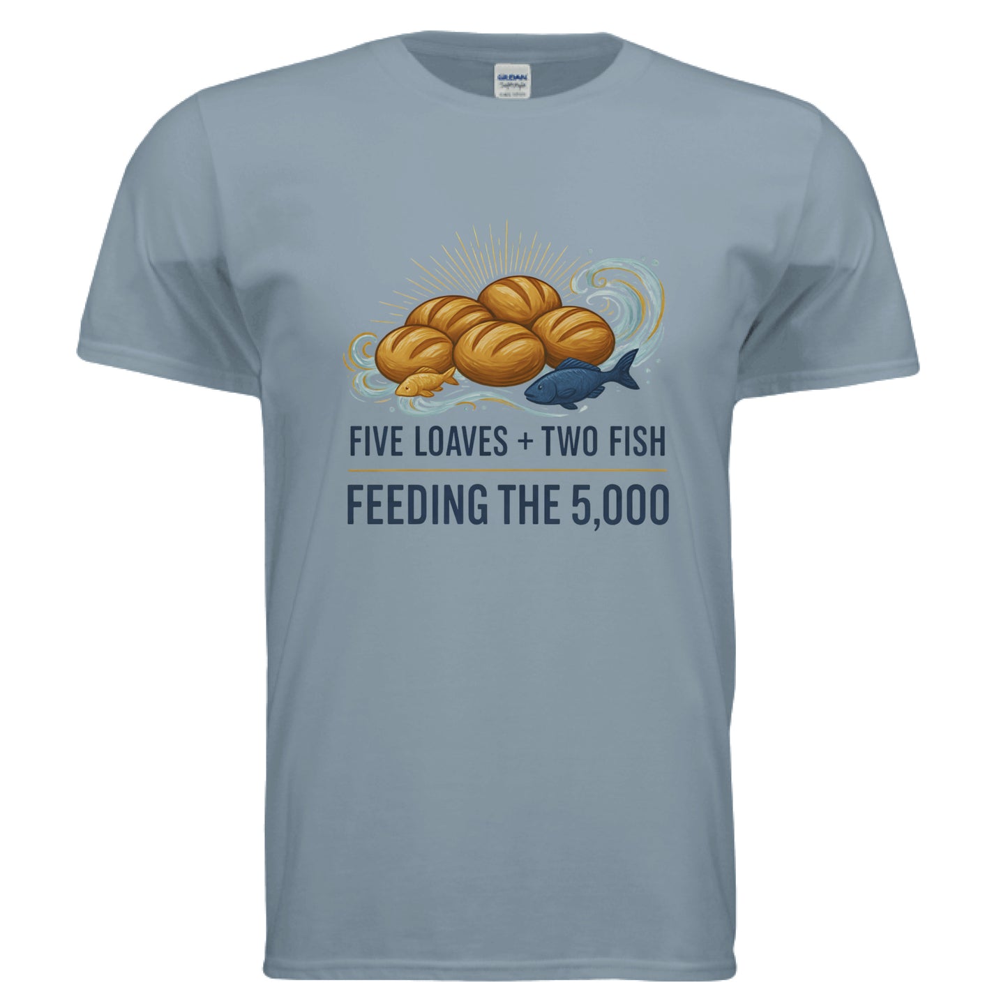 Five Loaves Two Fish Feeding the 5000 Faith T-Shirt Stone Blue Salvation Clothing and Accessories Apparel