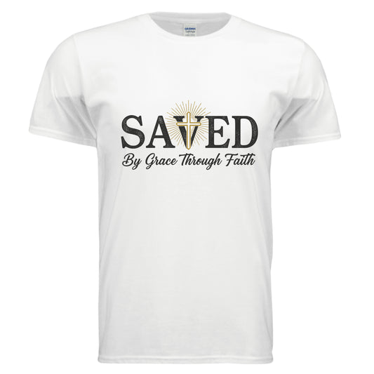 Saved By Grace Through Faith Christian T-Shirt WHITE Salvation Clothing and Accessories Apparel
