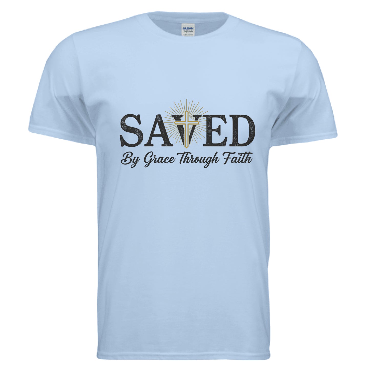 Saved By Grace Through Faith T-Shirt LIGHT BLUE Salvation Clothing and Accessories Apparel