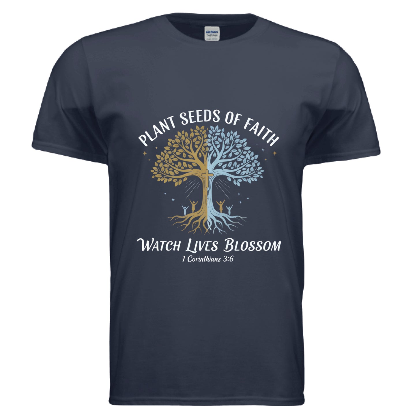 Plant Seeds Of Faith Watch Lives Blossom 1 Corinthians 3:6 Faith T-Shirt NAVY Salvation Clothing and Accessories Apparel